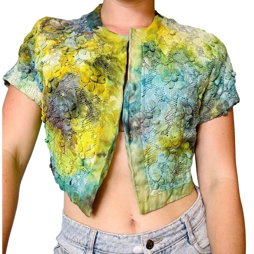 Upcycled 1960s Lace Bolero Jacket Blue Green Hand Dyed Reworked Boho